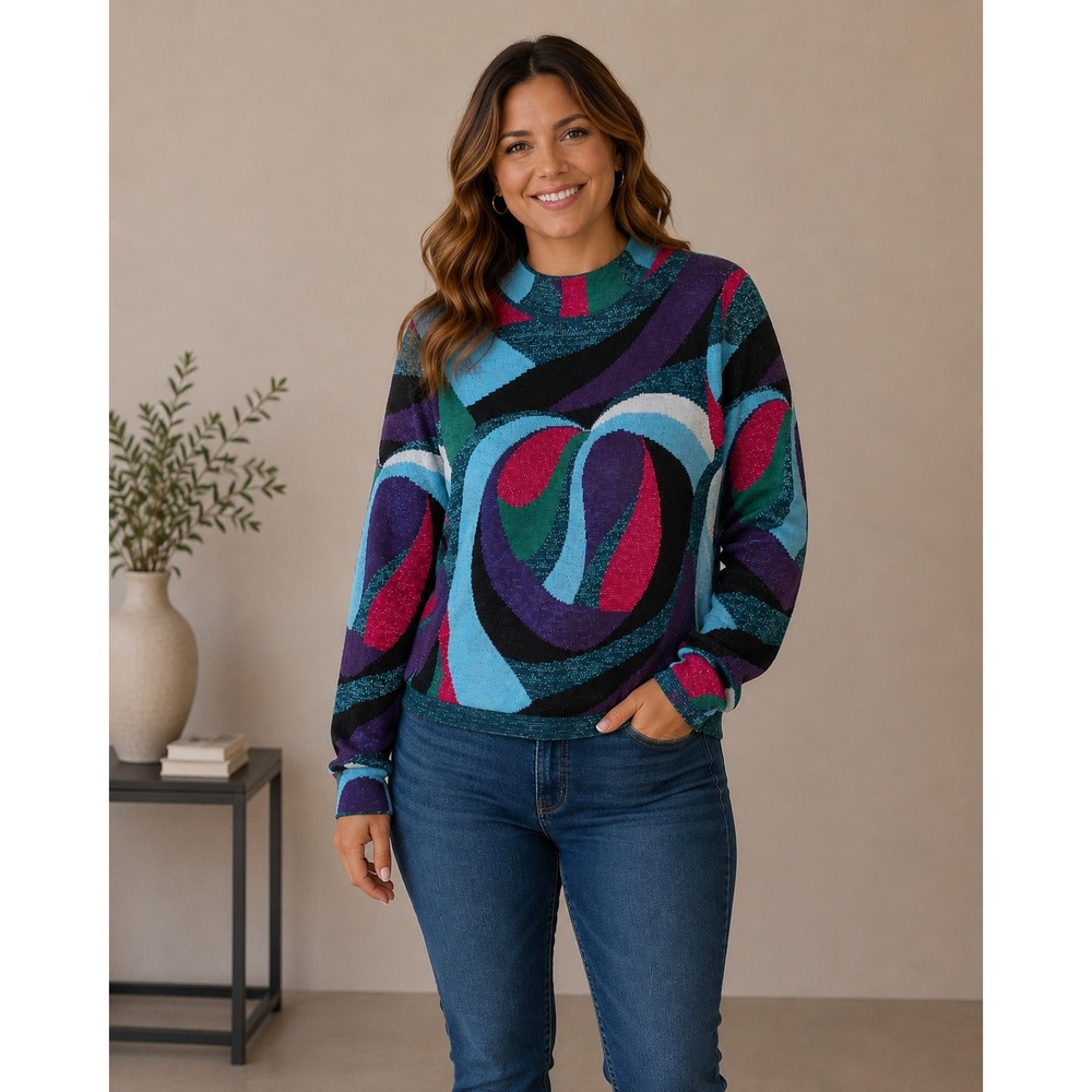 Boston Proper Sweater Womens Size S Multicolor Abstract Metallic Knit Mock Neck